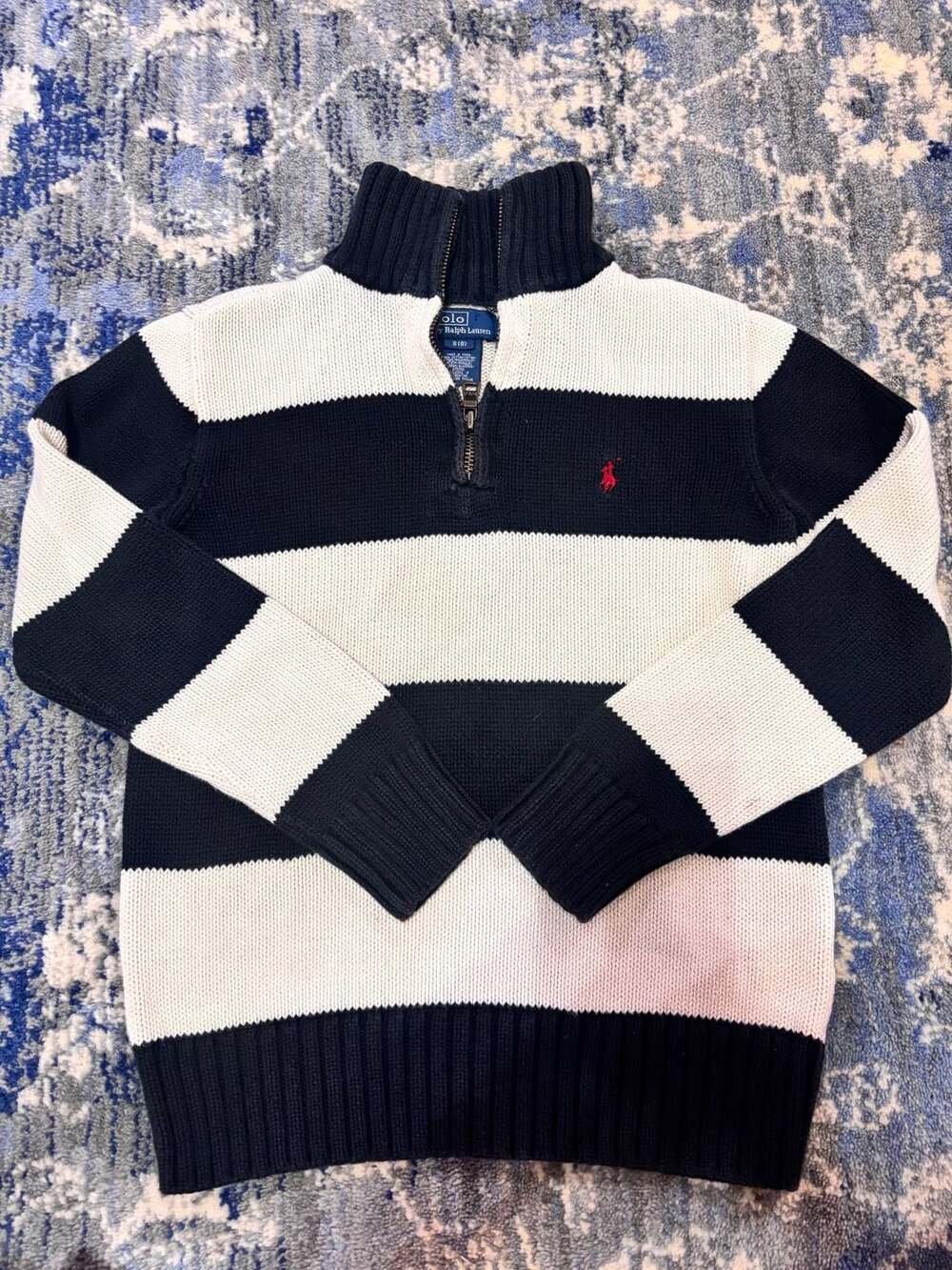 Polo by Ralph Lauren Black and White Striped Half Zip Cotton Sweater